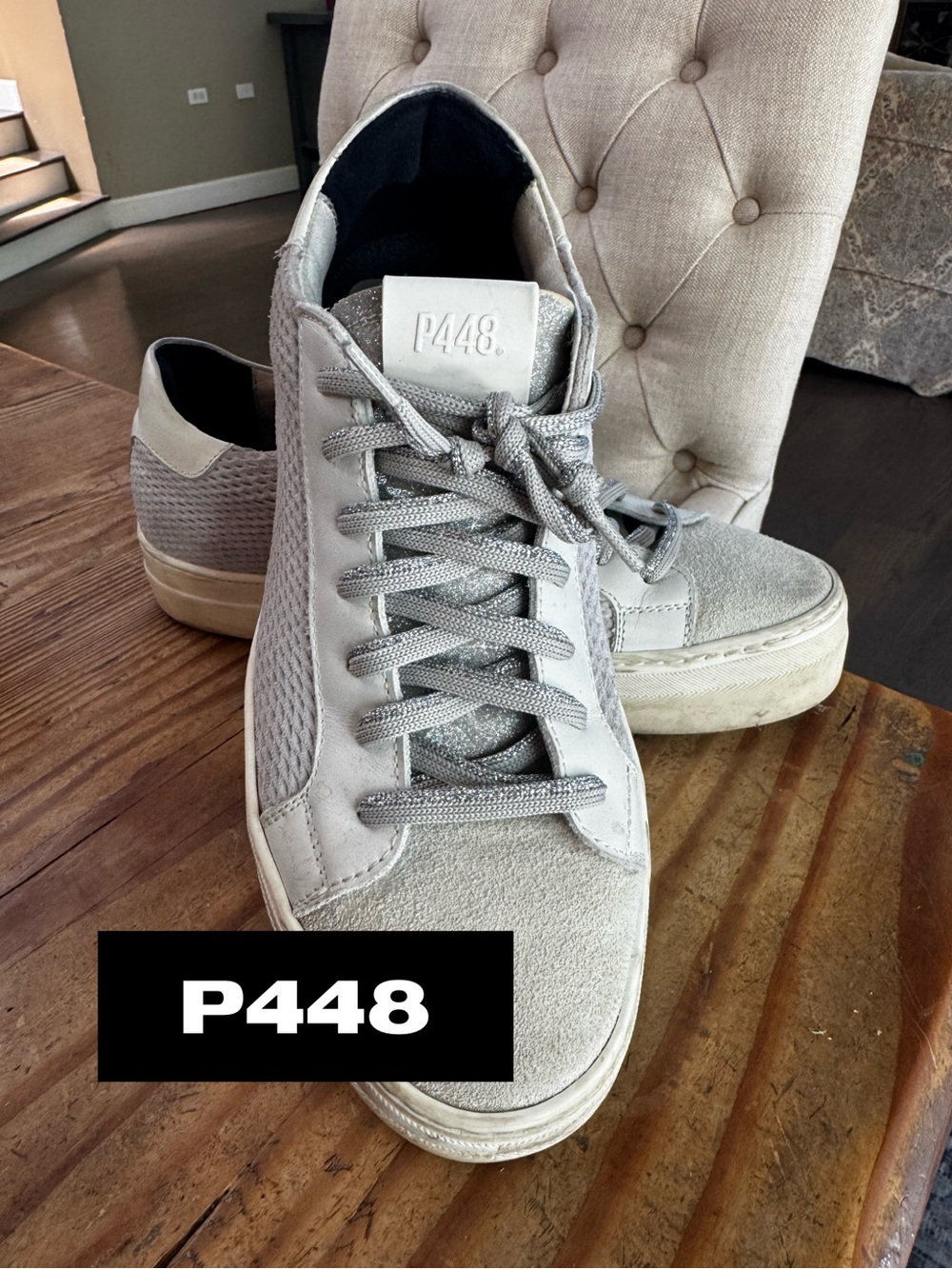 P448 Women’s Low-Top Sneakers in Light Gray Suede with Silver Sparkle